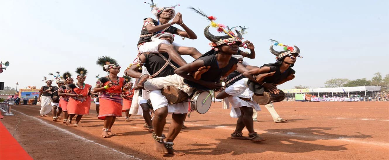 Folk dancers and drummers at a performance published by the Chhattisgarh Culture Department